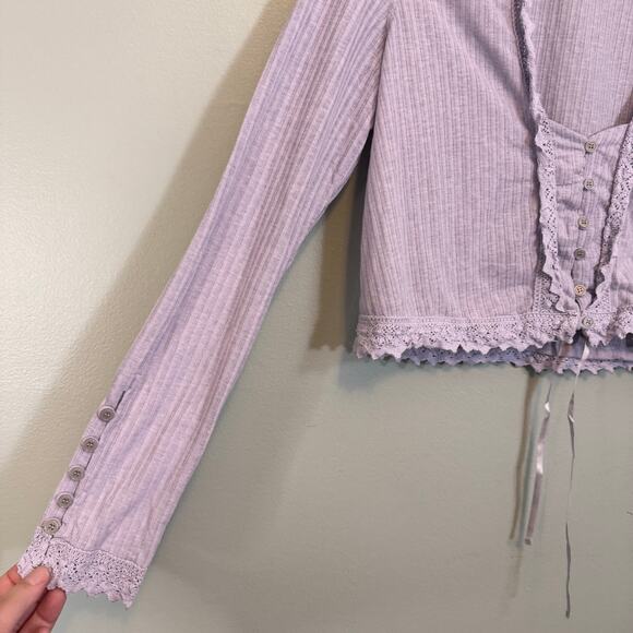 Free People Third Date Crop Top Womens Small Purple Lace Trim Ribbed Long Sleeve - Picture 4 of 7